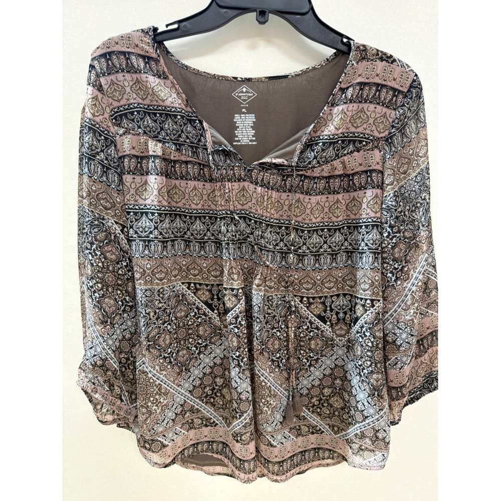 St Johns Bay Petite Large Boho Paisley Tassel Tie Peasant Blouse Brown Pink PL